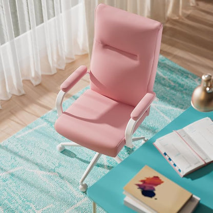 GXJ Pink Desk Chair, High Back Leather Executive Office Chair for Girl and Women, Adjustable Height Computer Desk Chairs with Wheels and Arms