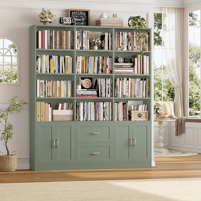 HOSTACK 71" Tall Triple Wide Bookshelf with Doors & Drawers, Modern Wood Bookcase for Storage, 6-Tier Large Bookcase with Display Shelves, Space-Saving Bookshelf for Living Room, Home Office, Green