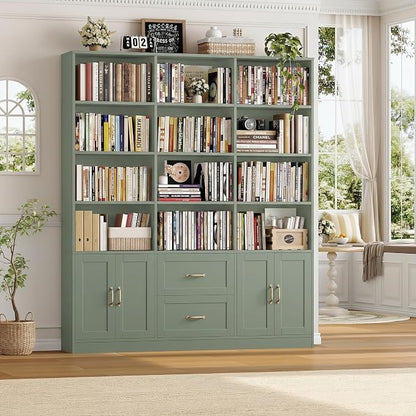 HOSTACK 71" Tall Triple Wide Bookshelf with Doors & Drawers, Modern Wood Bookcase for Storage, 6-Tier Large Bookcase with Display Shelves, Space-Saving Bookshelf for Living Room, Home Office, Green