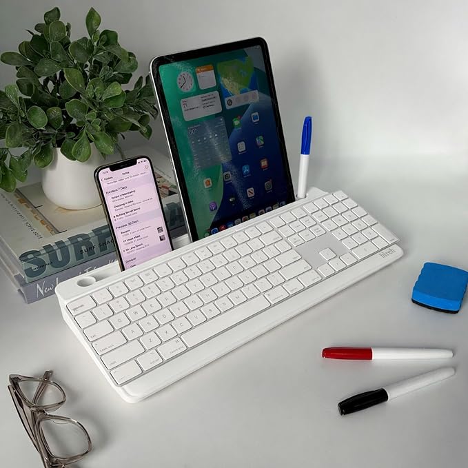 Birch Desktop Glass Whiteboard with Magnetic Weekly Calendar – Dry Erase Board, Keyboard Stand, Hidden Storage, Adjustable Dividers, 3 Markers & Eraser – Office, Home, School – Cloud