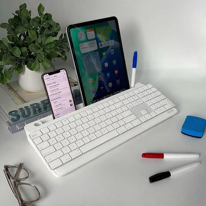 Birch Desktop Glass Whiteboard with Magnetic Weekly Calendar – Dry Erase Board, Keyboard Stand, Hidden Storage, Adjustable Dividers, 3 Markers & Eraser – Office, Home, School – Cloud