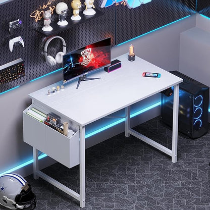 OLIXIS Small Computer Desk, 40 Inch Home Office Desks, Writing Study Craft Work Gaming Table, Computer Workstation for Bedroom Small Spaces with Storage Bag and Headphone Hook, White