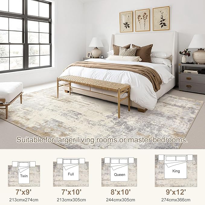 UERMEI 8x10 Washable Area Rug - Neutral Modern Abstract Living Room Rugs, Non-Slip Soft Large Indoor Floor Carpet for Bedroom Home Office & Under Dining Table Decor, Light Brown/Gray