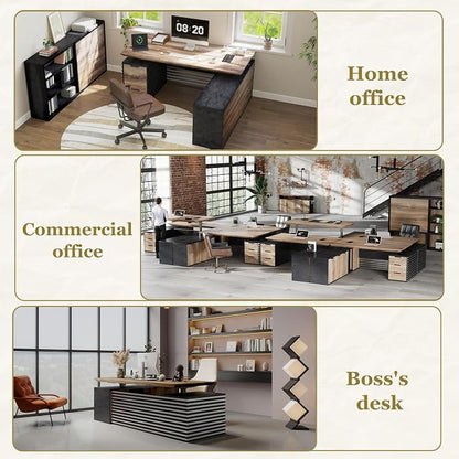 SAINTCY 70.87In L Shaped Executive Standing Desk with Drawers, Large Modern Adjustable Heigh Home Office Desk w/Universal Charging Ports, Business Workstation, Black and Warm Oak