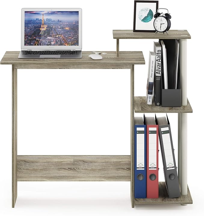 Furinno Efficient 29-Inch Oak Computer Desk with Side Shelves, Gaming Desk with 3 Open Shelves, Home Office Desk, for Home Office, Study Room, Dorm, Bedroom, Light Oak