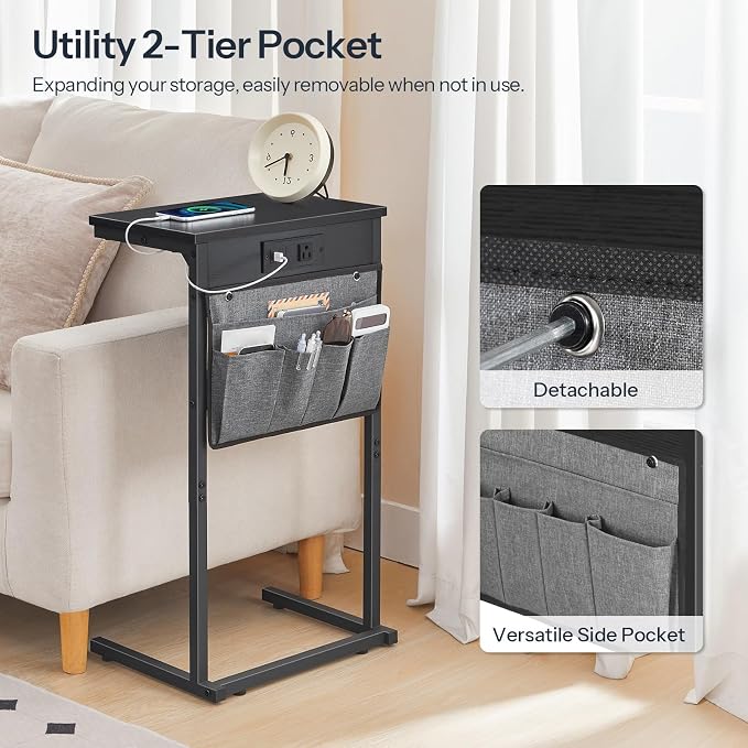 HOOBRO C Shaped End Table with Charging Station, 28" H Couch Side Table Slide Under, Sofa Arm Tray Table with Storage Bag for Living Room, Recliner, Black BB70USF01