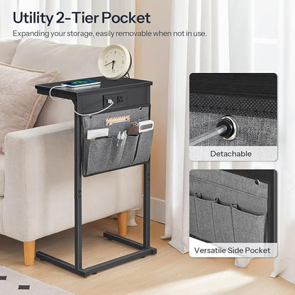 HOOBRO C Shaped End Table with Charging Station, 28" H Couch Side Table Slide Under, Sofa Arm Tray Table with Storage Bag for Living Room, Recliner, Black BB70USF01