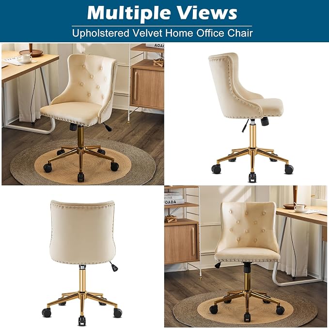 VINGLI Beige Velvet Armless Home Office Desk Chair with Gold Base/Wheels, Small Cute Vanity/Makeup Chair with Back for Bedroom, Upholstered Adjustable Rolling Swivel Nail Chair for Women/Girls