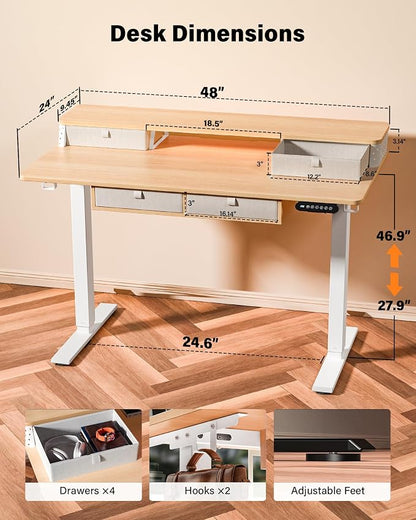 FiCiHi Electric Standing Desk with Four Drawers, 48 x 24 Inch Adjustable Height Sit Stand Desk, C-Clamp Compatible Home Office Desk with Storage Shelf & Monitor Stand Riser, Maple