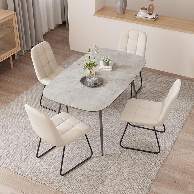 HIPIHOM 47.2'' Dining Table Set for 4,Modern Wood Dining Table,Leather Dining Chairs 4,Table and Chairs Set of 4,Ideal for Kitchen Dining Room (Gray Table + 4 U-Shaped White Chairs, 47.2")