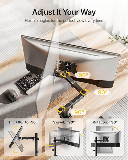 monTEK Extra-Long Single Monitor Mount for 17-32 inches Screen, Fully Adjustable Articulating Desk Monitor Stand up to 22lbs Capacity, Computer Mount with C Clamp and Grommet Base, Max VESA 100x100mm