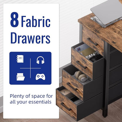 Pamray 47 Inch Computer Desk with 8 Fabric Drawers PC Gaming Desk Home Office Study Work Writing Table for Bedroom Vintage