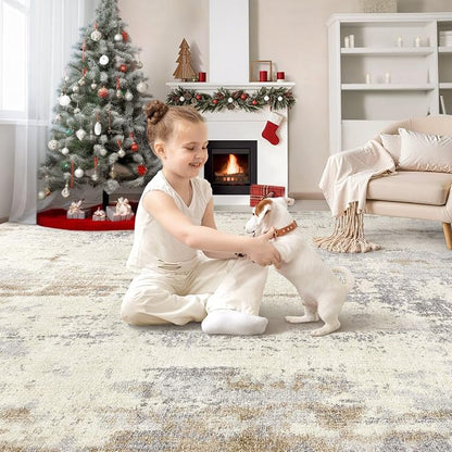 UERMEI Area Rug Living Room Rugs - Washable Neutral Modern Abstract Soft Thin Large Rug Indoor Floor No Slip Rug Carpet for Bedroom Under Dining Table Home Office Decor-Light Brown/Gray-7'x 9'