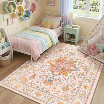 RELEANY Area Rugs 5'x7' Washable Non-Slip, Floral Vintage Distress Medallion Carpet for Living Room Bedroom Dining Room, Light Pink Colorful
