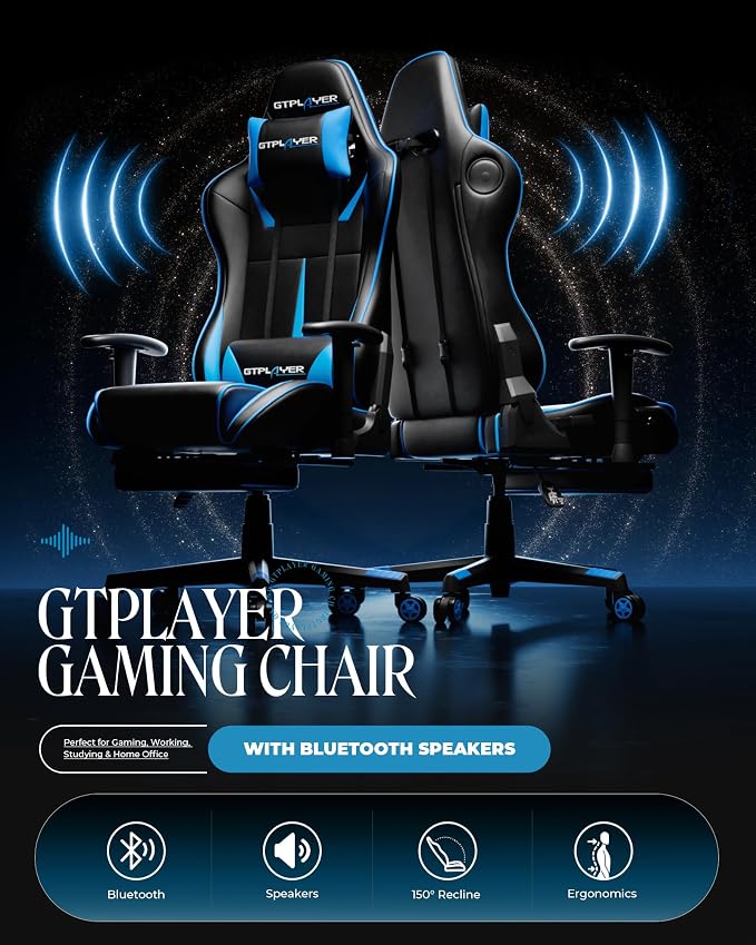 GTPLAYER Gaming Chair with Speakers, Video Game Chairs with Footrest, PC Gamer Chairs for Adults - Padded High Back Ergonomic Reclining Silla Gamer, Linkage Armrest, 909MF, Blue