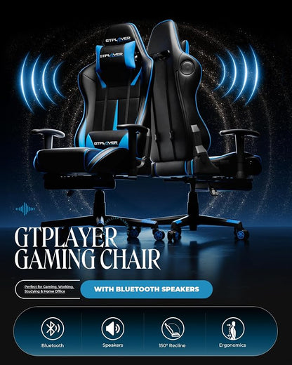GTPLAYER Gaming Chair with Speakers, Video Game Chairs with Footrest, PC Gamer Chairs for Adults - Padded High Back Ergonomic Reclining Silla Gamer, Linkage Armrest, 909MF, Blue