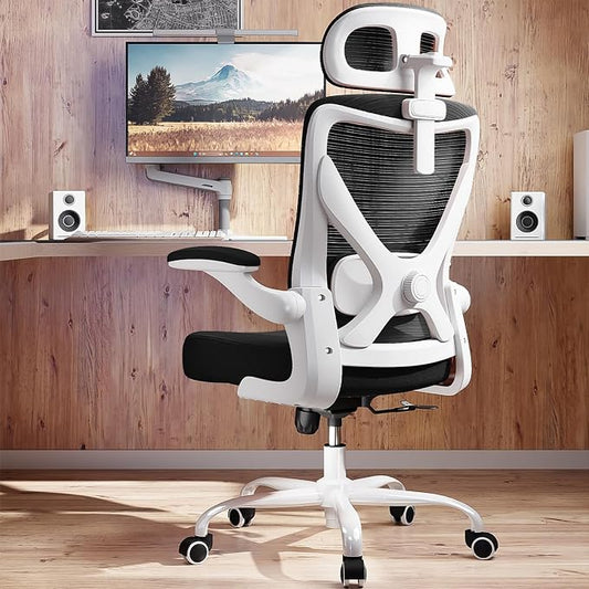 Ergonomic Office Chair - Mesh Desk Chair with Adjustable Lumbar Support High Back Computer Gaming Chairs - Big and Tall Office Chairs Adults, Comfortable for Long Hours, White Black