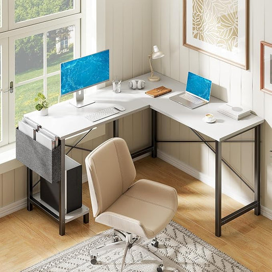 Alpen Corner Desk, L Shaped Gaming Desk with Storage Pocket and CPU Stand, Work Desk for Home Office, Small Corner Study Writing Table with Sturdy Metal Frame, 50 Inch, Classic White