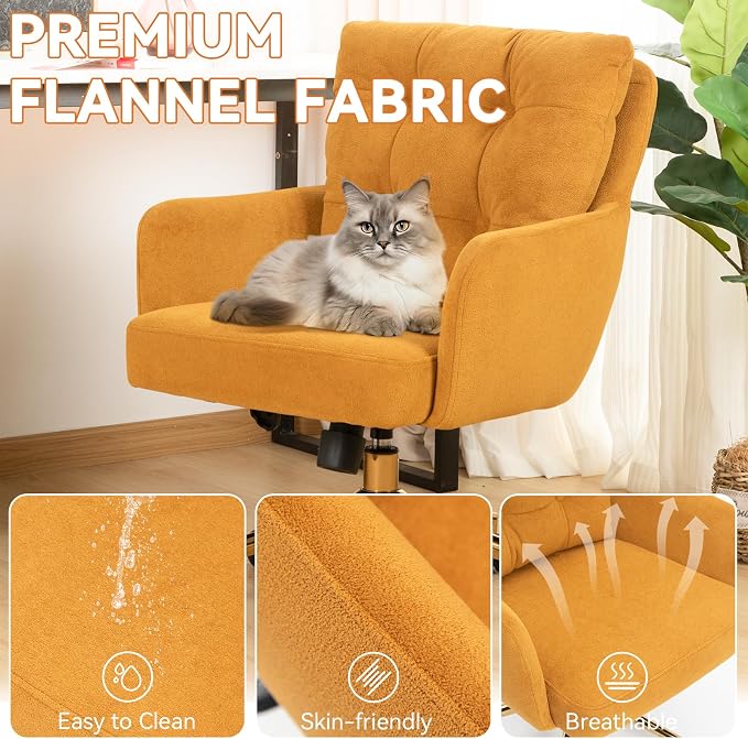 Flannel Office Chair, Comfy Home Office Desk Chairs with Lumbar Support, Modern Velvet Desk Chair Gold Legs Small Swivel Task Chair for Home Office, Bedroom, Study (Yellow, XL)