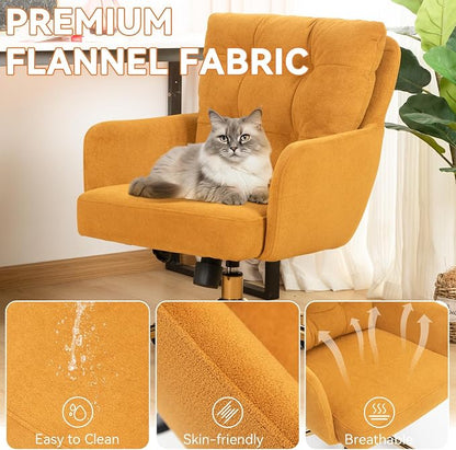 Flannel Office Chair, Comfy Home Office Desk Chairs with Lumbar Support, Modern Velvet Desk Chair Gold Legs Small Swivel Task Chair for Home Office, Bedroom, Study (Yellow, XL)