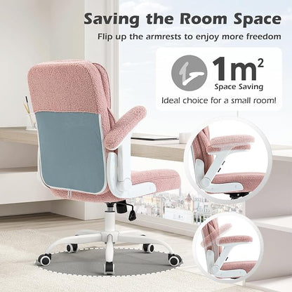 SEATZONE Pink Home Desk Office Chair with Arms and Wheels, Comfortable Executive Computer Chair, Breathable Mesh and Teddy Fleece Fabric Swivel Task Chairs for Women&Girls