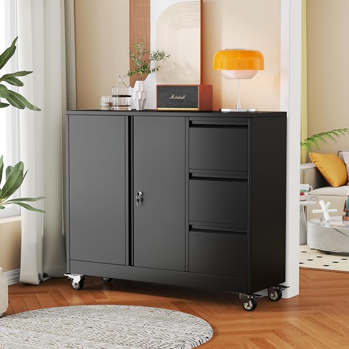 winiowa Mobile 3-Drawer File Cabinet with Wheel, Metal Lateral Rolling Printer Stand Filing Cabinets with Lock, Office Storage Cabinet for Office, Home, Garage, School, Gym-Black