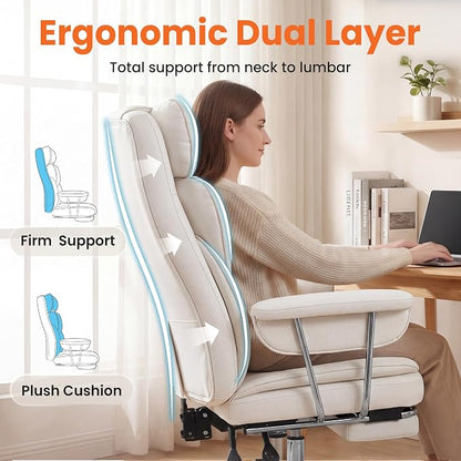 NEO CHAIR Big and Tall Office Chair Gaming Computer Chair High Back Heavy Duty Desk Chai with Lumbar Support Adjustable Recliner Footrest Wide Seat Leather Executive Home with Wheels (Leather White)