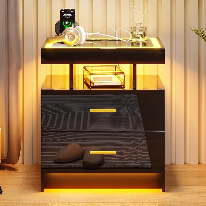 HNEBC LED Nightstand with Charging Station (USB,Type-C Ports) High Gloss Bedside Table with 2 Drawers, Smart Night Stand with Auto Sensor Lights,Modern Bed Side Table for Bedroom (Black)