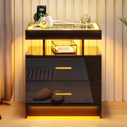 HNEBC LED Nightstand with Charging Station (USB,Type-C Ports) High Gloss Bedside Table with 2 Drawers, Smart Night Stand with Auto Sensor Lights,Modern Bed Side Table for Bedroom (Black)