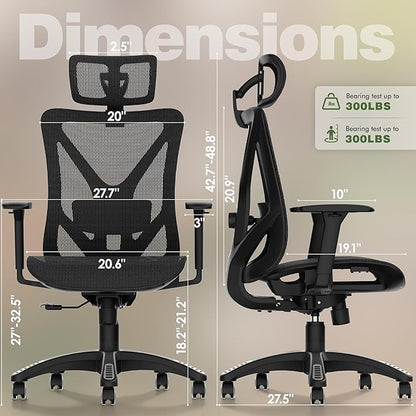ELABEST T23 Ergonomic Mesh Office Chair, High Back Computer Desk Chair, Breathable AirMesh with Dual-Move Lumbar Support, 3D Armrests & Headrest, Tilt Lock,Big and Tall for Home Office(Onyx)