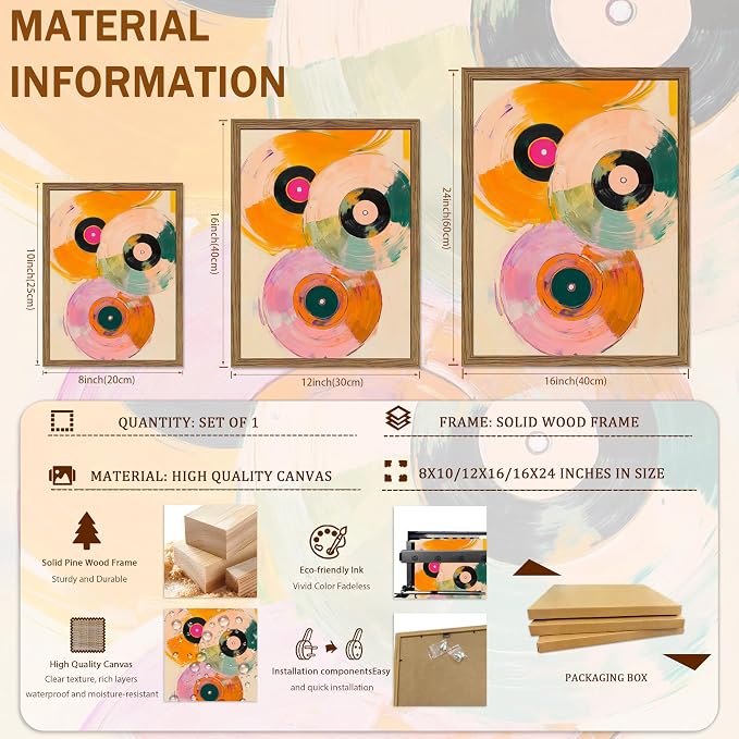 Vintage Vinyl Record Wall Art - Framed Canvas Music Decor for Living Room & Studio, Colorful Abstract Oil Painting in Wood Frame, Retro Record Player Print for Bedroom 12x16 inch