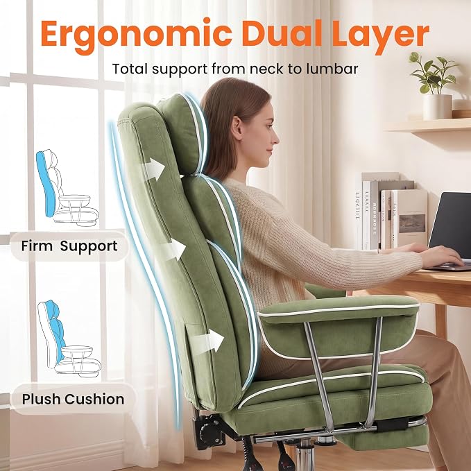 NEO CHAIR Big and Tall Office Chair Gaming Computer Chair High Back Heavy Duty Desk Chai with Lumbar Support Adjustable Recliner Footrest Wide Seat Fabric Executive Home with Wheels (Fabric Green)