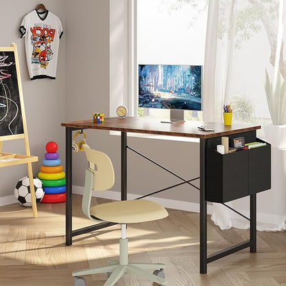 OLIXIS Small Computer Desk, 40 Inch Home Office Desks, Writing Study Craft Work Gaming Table, Computer Workstation for Bedroom Small Spaces with Storage Bag and Headphone Hook, Rustic Brown