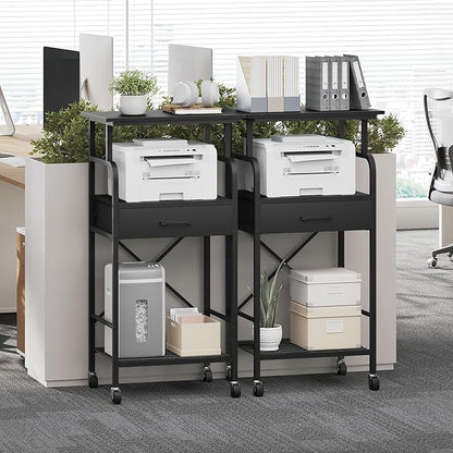 MAHANCRIS Tall Printer Stand, 3 Tier Printer Cart with Storage, Industrial Printer Table on Wheels, Adjustable Shelf & Fabric Drawer, for Home Office Study Black PTBK5501