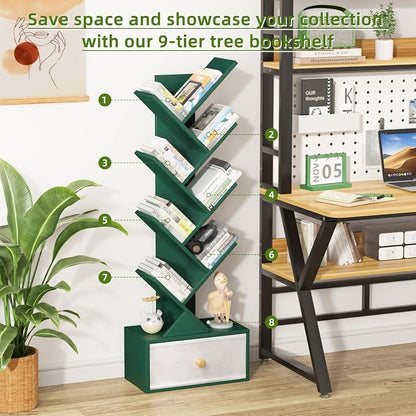 SHEEPAM 8 Tier Tree Bookshelf with Drawer, Free Standing Wood Green Bookcase for Narrow Space, Storage Organizer Bookshelves for Books, Book Case for Home Office, Living Room, Bedroom