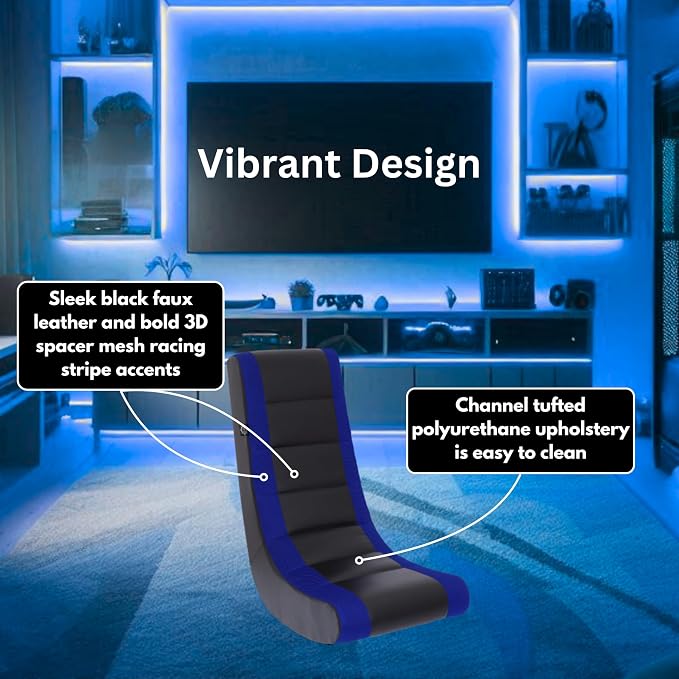 The Crew Furniture Classic Video Rocker Gaming Chair, for Kids and Teens, PU Faux Leather & Polyester Mesh, Black/Blue