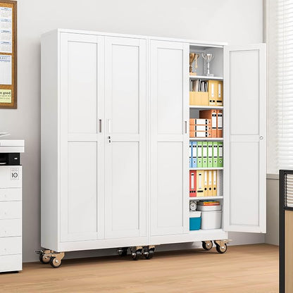 Metal Garage Storage Cabinets and storage system, 75”Tall Rolling utility cabinet with Wheels, Lock, 5 Adjustable Shelves, Heavy Duty Steel Tool Locker for Home Office, Utility Room, Gym,White