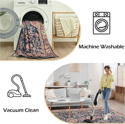 Goideal Washable Rug 2x3, Vintage Area Rugs Non Slip, Indoor Low Pile Carpet with Rubber Backing for Kitchen Bathroom Entryway Office Bedroom,Deep Navy & Terracotta