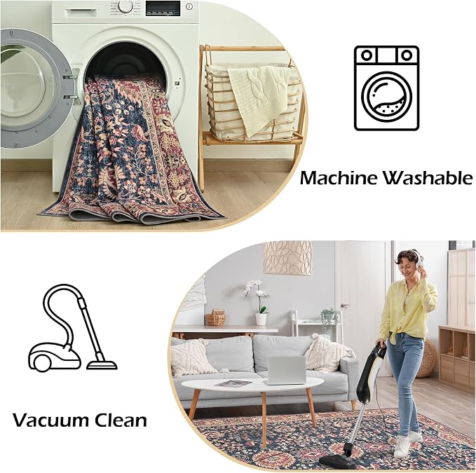 Goideal Washable Rug 3x5, Vintage Area Rugs Non Slip, Indoor Low Pile Carpet with Rubber Backing for Living Room Kitchen Bathroom Entryway Office Bedroom,Deep Navy & Terracotta