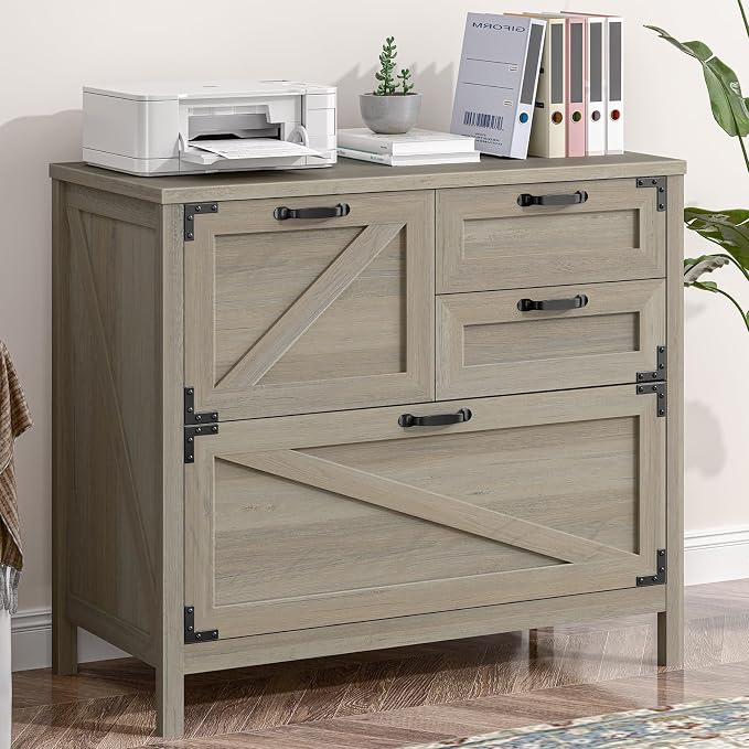 Wood Lateral File Cabinet with 4-Drawer for Hanging Files Letter/A4/Legal Size, Large Farmhouse Filing Cabinets for Home Office, Printer Stand with Office Cabinet, Office Furniture, Rustic Grey