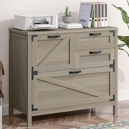 Wood Lateral File Cabinet with 4-Drawer for Hanging Files Letter/A4/Legal Size, Large Farmhouse Filing Cabinets for Home Office, Printer Stand with Office Cabinet, Office Furniture, Rustic Grey