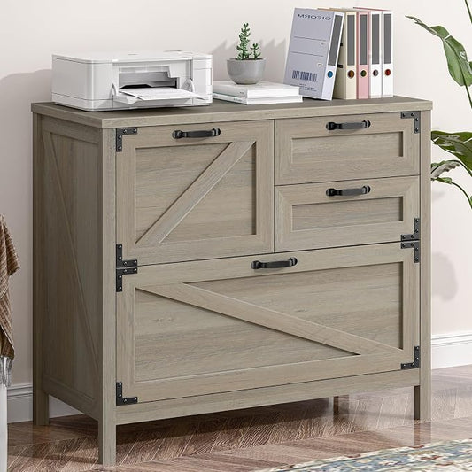 Wood Lateral File Cabinet with 4-Drawer for Hanging Files Letter/A4/Legal Size, Large Farmhouse Filing Cabinets for Home Office, Printer Stand with Office Cabinet, Office Furniture, Rustic Grey