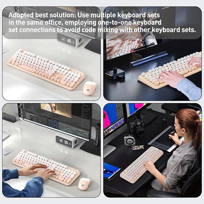 Wireless Keyboards Mouse Combos, Colorful Cute Typewriter Full-Size Retro Round Keycaps, 2.4GHz Cordless Sleep Mode Office Quiet Wireless Keyboard and Mouse Set for Desktop Laptop PC Computer