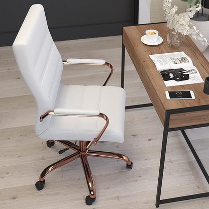 Merrick Lane Milano Contemporary High-Back White Faux Leather Home Office Chair with Padded Rose Gold Arms