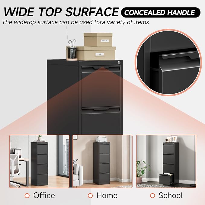 4 Drawer File Cabinet,Metal Vertical File Storage Cabinet with Lock,Filing Cabinets for Home Office,A4 Legal/Letter-Assembly Required/Black