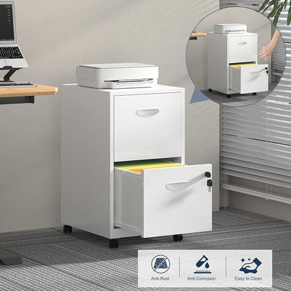 UNICOLY 2 Drawer File Cabinet with Lock, Filing Cabinets with Wheels, Rolling File Cabinets for Home Office, Metal Office File Cabinet, for Holding Letters and File Boxes, Assembly Required, White