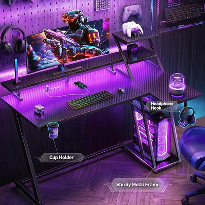 Korfile 55 Inch Black Gaming Desk with LED Lights & Power Outlet, Gaming Computer Desk with Storage Shelves, L Shaped Gamer Workstations with Monitor Stand for Bedroom