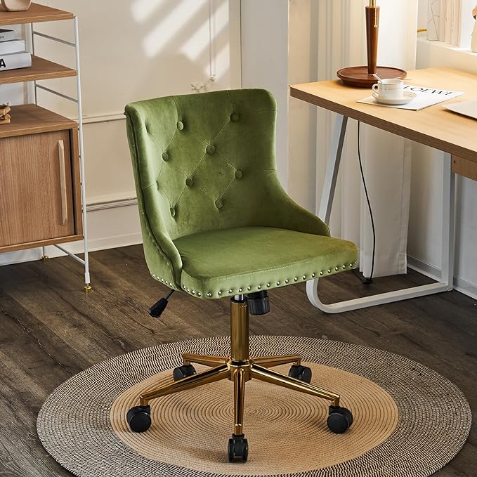 VINGLI Olive Green Velvet Armless Office Desk Chair with Gold Base/Wheels, Small Cute Vanity/Makeup Chair with Back for Bedroom, Upholstered Adjustable Rolling Swivel Nail Chair for Women/Girls