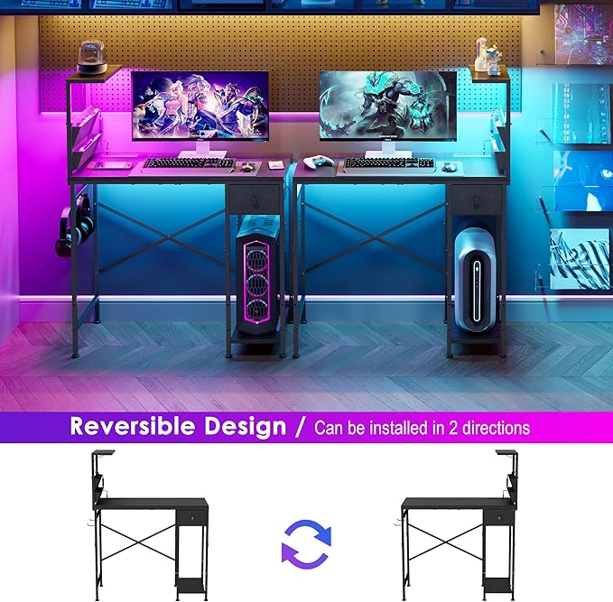 33.7 Inch Small Gaming Desk Table with LED Lights & Power Outlets, Compact L Shaped Gaming Computer Desk with CPU Stand, Drawer & Storage, Corner PC Desk for Kids, Home Office , Bedroom, Black