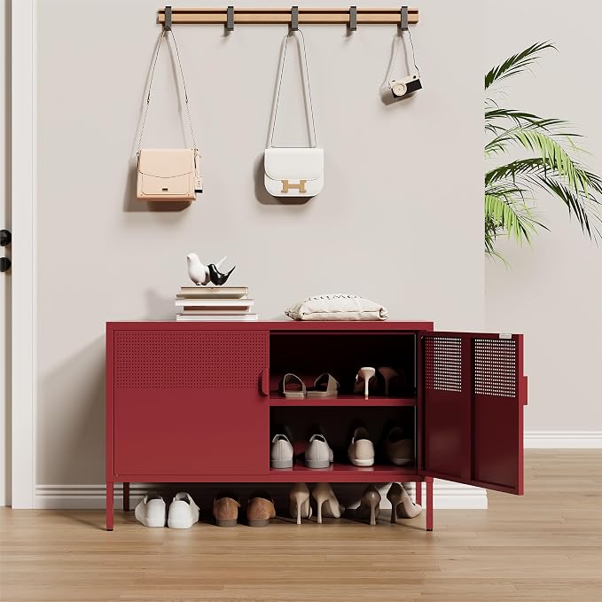 Metal Storage Cabinet,2 Door TV Stand, Metal Mesh Accent Cabinet,Magnetic Door Closure,Low Storage Cabinets with Doors and Shelves